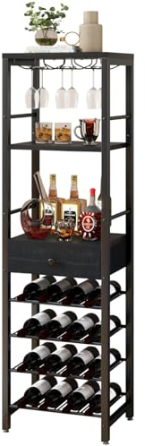IBUYKE Estantería de Vino,Botelleros con Portavasos y Cajón,Negro TMJ905B | Botellero Vino de 4 Niveles Estante De Vino De Mostrador Vinoteca para Cocina Bar Comedor