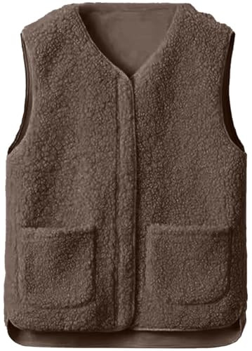 Joligiao Gilet Donna Morbido Gilet in Pile Senza Maniche Invernale Elegante Gilets Termico con Cerniera e Tasche pullover Smanicato Scollo a V Autunno Caldo Peluche Waistcoat Donna(Marrone,L)