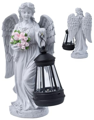 Ange solaire - Sculpture en résine avec design ludique - Statue ange commémoratif avec fleurs - Pour chemin de jardin, terrasse, patio funéraire