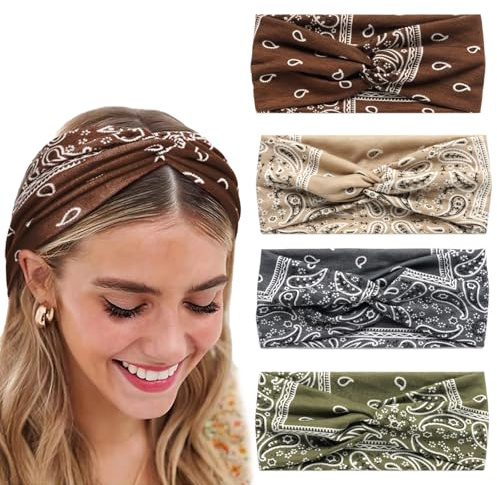 ZWWOGE 4 fasce per capelli da donna, 4 pezzi, fasce elastiche multicolori boho, fasce elastiche morbide, bandana per capelli, accessori per capelli alla moda da donna per yoga, sport e cosmetici