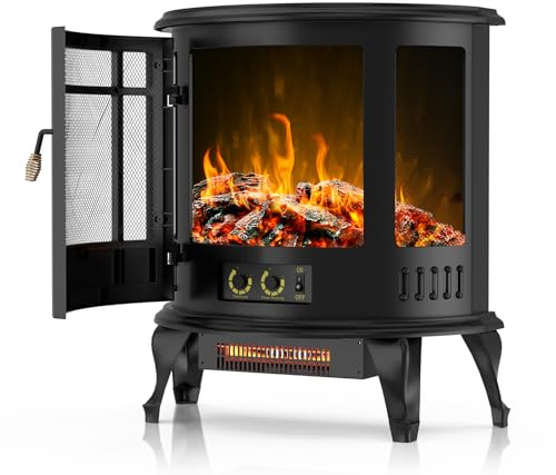 25 Inch Freestanding Electric Fireplace Stove, 1500W Heater with Realistic 3D Flame Effect, Vintage Style Indoor Portable Heater for Living Room & Bedroom, Safe Cool-Touch Design