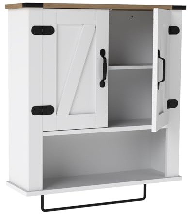 GIANTEX Badezimmerschrank Hängend, Hängeschrank mit Handtuchhalter & 3 Ablagen, Wandschrank mit Scheunentüren, Aufbewahrungsschrank für Badezimmer, Küche & Flur, 60 x 20 x 72,5 cm