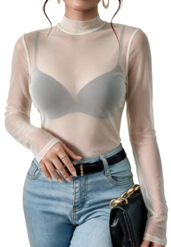 Avidlove Haut en Maille Transparente Femme T-Shirt Manche Longue Blouse | Tissu Mesh Extensible et Respirant, Sexy Top col montant, Tenue Décontractée et Élégante, pour Rave Soirée Festival Club
