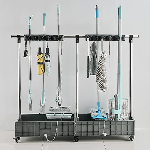 Mobile Floor Standing Mop & Broom Holder with Universal Wheels, Stainless Steel Drain Rack & Organizer Trolley, Garden Tool Shelf with 2 Sinks, Wet Mop Storage Solution