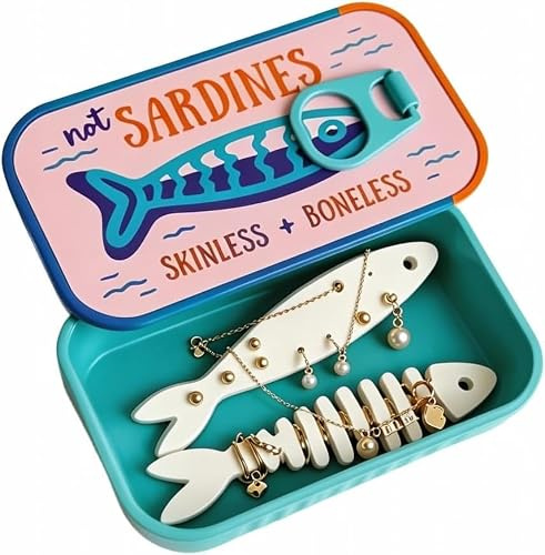Sardine Tin Resesmyckefodral, bärbar vintage fiskben örhänge hållare