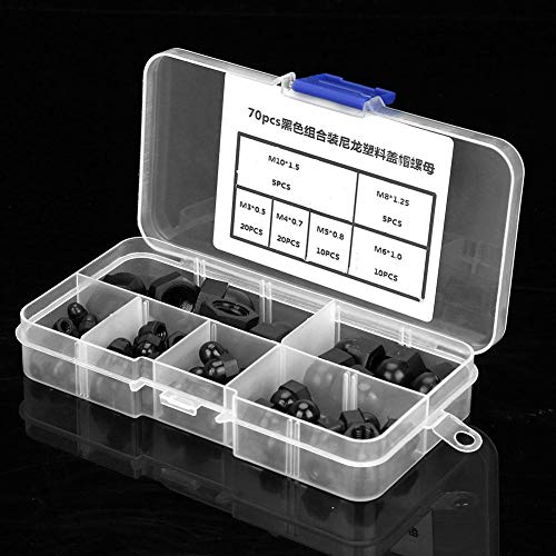 Kit de 70 Pièces Écrous à Chapeau en Dôme M3/M4/M5/M6/M8/M10 - Écrous Borgnes en Nylon à Six Pans Creux (Noir)