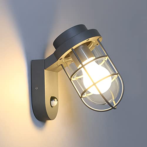 DAWALIGHT Farol Exterior con Sensor de Movimiento, Aplique de Pared IP44 Impermeable, E27, Aluminio, Gris Oscuro - Para Jardín, Patio, Puerta delantera y Escaleras