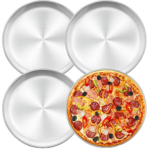 Herogo Set di 4 teglie per pizza, 26 cm, rotonde, in acciaio inox, per forno, cuocere, servire, arrostire, non tossiche e sane, durevoli e lavabili in lavastoviglie (metallo argento)