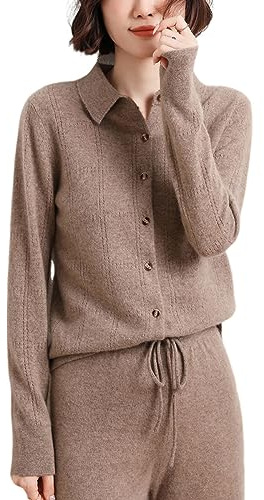 DISSA Gilet Cachemire Femme Revers Chameau Boutonné Tricoté en Vrac Manches Longues Fin Cardigan en Cachemire et Laine,44,DF8014