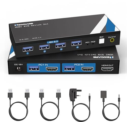 NEWCARE KVM Switch 2 PC 1 Monitor, 4K@60Hz KVM Switch HDMI 2 Port Share One HD Monitor 4 USB 3.0 Port Keyboard Mouse, HDMI Kvm switch 2x1, Power Adapter and Wired Controller Included