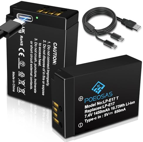 POEOSAS 2 Pack 1450mAh LP-E17 Ersatz Akku mit USB Typ C Ladeanschluss für Canon EOS M3, M5, M6, Rebel SL2, T6i, T6s, T7i, EOS 200D 250D 750D, 760D, 800D, 8000D, KISS X8i, RP Cameras