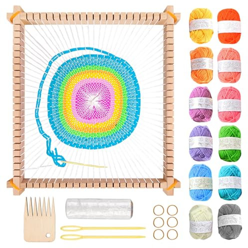 BORDEAG Webrahmen für Kinder, Holz Webrahmen Set mit 12 Farbe Strickfaden, Webrahmen aus Holz, Holz Kinder-Webrahmen für Anfänger Erwachsene Profis(25 x 28cm)