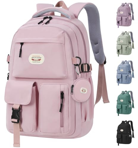 BECOJADDE Backpack School Bag Womens Girls with 15.6'' Laptop compartment, Water Resistant Rucksack with Coin Purse, Daypack for College, Work & Travel, Ideal for Teens & Students Pink 25L