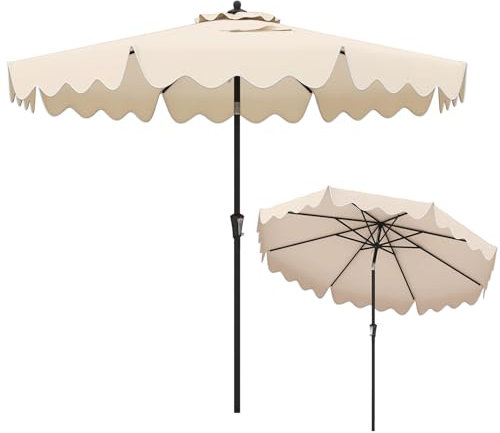 KOMFOTTEU φ280 cm Gartenschirm mit Kurbel, großer Terrassenschirm neigbar mit gerüschten Kanten, Sonnenschirm mit 8 Streben, für Strand, Garten, Pool (Beige)