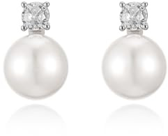 JaruJaru Petite Diamond&Pearl Stud Earrings for Women, CZ Crystal, Genuine Freshwater Cultured Natural Pearls, S925 Sterling Posts, Classic White Pearl Studs