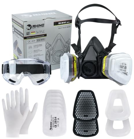 RHINO Smart Solutions Mascarilla con Filtro de Carbono Proteccion para Pintura, Gases, Polvo, Fitosanitarios, Vapores Orgánicos y Ácidos | Mascara Reutilizable de Media Cara y Gafas de Seguridad