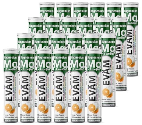 EVÄM Magnesium + B-Komplex Brausetabletten Orange I Geschmack Orange I 24x 20 Stück I Nahrungsergänzungsmittel mit wichtigen Vitaminen für den täglichen Vitaminbedarf I Vegan I Made in Germany
