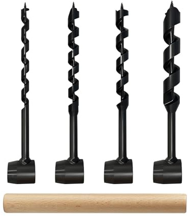 Lot de 4 tarières manuelles avec manche en bois de 25 cm pour bois, plastique, survie, camping, feu suédois