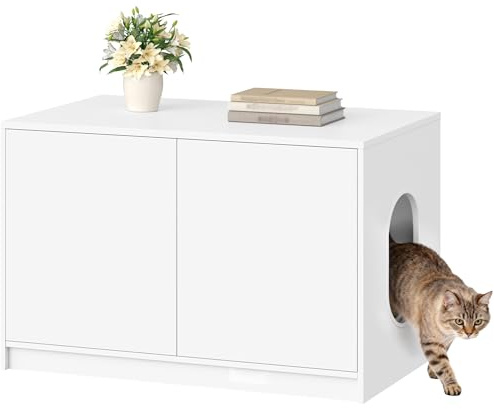 Fobyfurny Kattlåda med Skärm, Möbel för Dold Kattlåda, 80x50x51,5cm, Vit | Möbel Kattlåda med Dörrar Som Öppnas genom Att Trycka och Ventilationshål, Kathus i Trä, Minimalistisk Stil FPCB201PW1