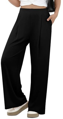GRECERELLE Womens Trousers Ladies Casual Wide Leg Pants Business Loose Commuter Pants Trousers Elasticated High Waist Yoga Culottes with Pockets for Women UK