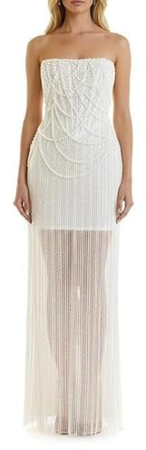 Aevomsyn Pearl Sequins Wedding Dress Long Sparkly Strapless Bodycon Backless Bridal Gowns for Bride White Size 10