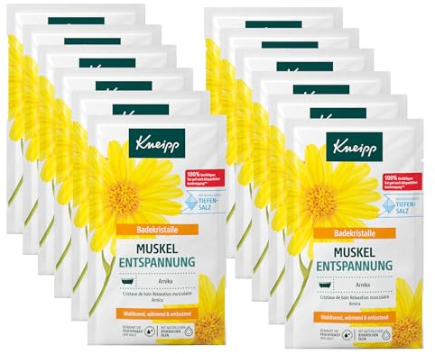 Kneipp Cristalli da bagno Rilassamento muscolare – Multipack – con prezioso estratto di arnica e oli essenziali di Cabreuva, rosmarino e pinus – 12 x 60 g