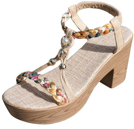 Plattform kil sandaler för kvinnor tjocka block låga klackar bohemiska sandaler elastisk ankelrem plattform uppklädd sandal öppen tå bekväma sommarklackar semester sommarskor, Ljusgul, 37 EU