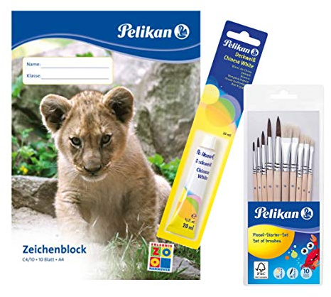 Pelikan 732/7/1/B Deckweiß 1 Tube, 20 ml (3er Set/Deckweiß + Zeichenblock A4 + 10tlg. Pinselset)
