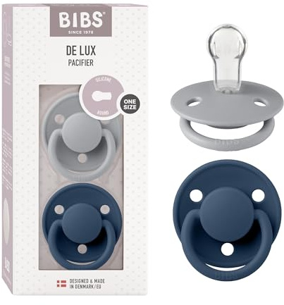 BIBS De Lux Dummies 2-Pack, BPA Free Dummy Pacifier, Round Nipple. Silicone, OneSize (0-36 Months), Cloud/Steel Blue