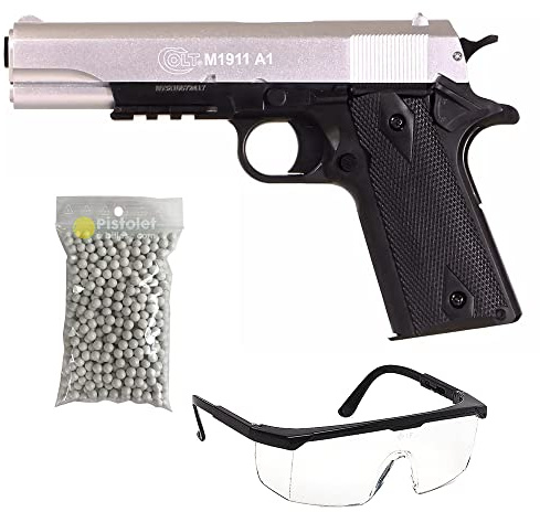 2EAGLE Pack Airsoft Pistolet modèle Colt 1911 Bicolore à Ressort/matière: Plastique Haute résistance et Culasse métal/Puissance 0.5 Joule/livré avec Accessoires, Noir et argenté, 220 mm