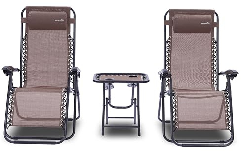 SereneLife 2er Set Gartenliege, Sonnenliege, Liegestuhl Klappbar mit Stufenlos verstellbare Positionen, Kopfstütze,Beistelltisch mit Getränkehalter, Strandliege Wetterfest Ideal fürs Relaxen, Chillen