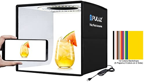 PULUZ - Mini scatola per foto, per fotografie, portatile, con 12 colori, con fondali pieghevoli, luce ad anello a LED, per fotocamera digitale (24,9 x 25,9 cm)