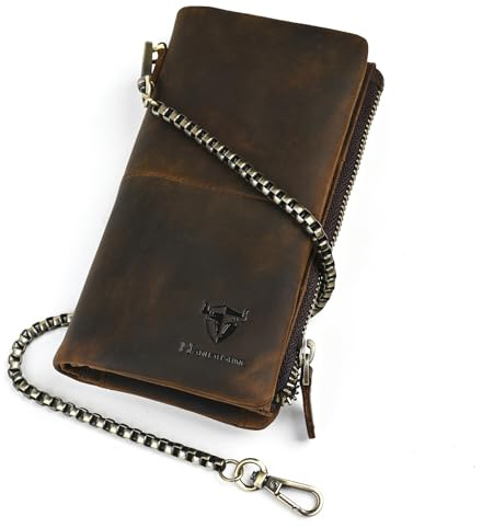 Handadsume Handasume geuine Crazy Horse Cuir Cadeaux Boîte à Cartes de Monnaie Le Long Portefeuille Organisateur Portefeuille RFID chaîne Portefeuille avec Boucle pour Homme 1803 (W - 1029 - Brun 2)