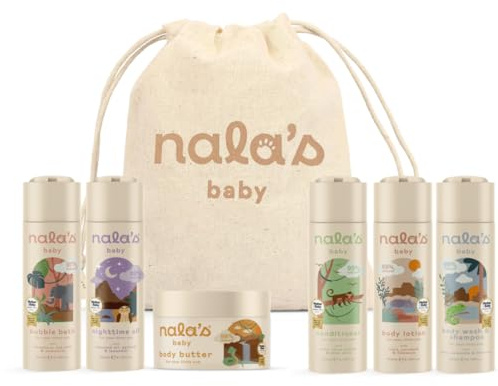 Nala's Baby Adventure Bundle | Body Wash & Shampoo, Body Lotion, Bubble Bath, Conditioner, Body Butter, Nighttime Oil | Cotton Drawstring Toiletry Bag | Award-winning | Nalas Baby