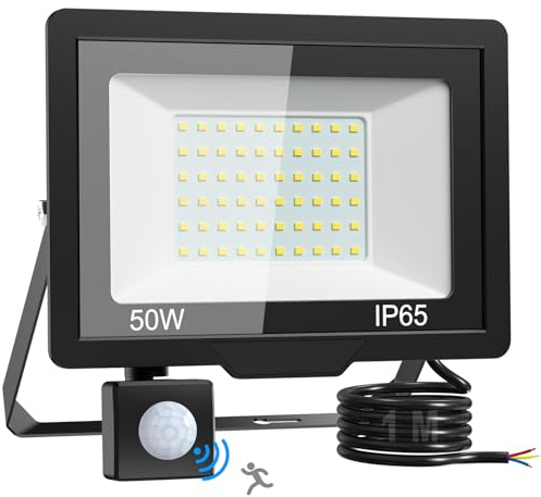 vighep 50W Focos LED Exterior con Sensor de Movimiento, 5000LM IP65 Impermeable Proyector Led Exterior, 6500K Luz Led Iluminación de Exterior Seguridad para Jardín, Garaje, Blanco Frío