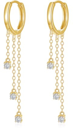 Hasnsofie Silber 925 Creolen Ohrringe Hängend, 925 Silber Runde Creolen | Hypoallergen Lang Quaste Kette Hängeohrringe mit Zirkonia, Kleine Kreolen mit Geschenkbox, Nickelfrei für Damen, zur Feier