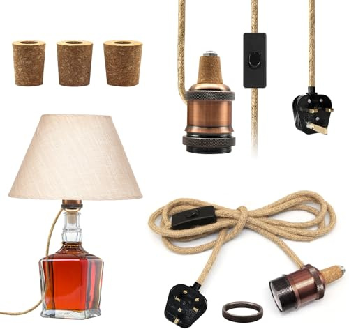 Bottle Lamp Kits, 2 Pack Bronze Bottle Lamp Adaptor Kit, Lamp Kits Do it Yourself, E27 Ceramic Lamp Holder with 240cm Plug and Switch, Brass Table Lamp Kit, Floor Lamp kit, with 3 Sizes of Stoppers