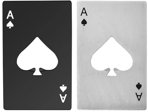 WOLMIK Lot de 2 décapsuleurs en acier inoxydable avec carte à jouer créative - Décapsuleur de bière personnalisé - Taille adaptée à votre portefeuille (noir et argent)