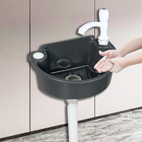 Ausgussbecken in grau,29.5x21x10.5cm(WxDxH),Ausgusswaschbecken aus Kunststoff,kein Bohren erforderlich,für Badezimmer und Toiletten,Büro,Küche (A)