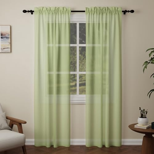 Pacok Green Voile Curtains 90 Drop, 2 Panels Rod Pocket W56xL90 Inch | See Through Net Curtains for Windows Long Washable Sheer Curtain Panel for Living Room, Bedroom, Kitchen 142 x 228cm Drop