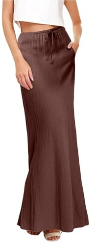 Dam linnekjol knälång maxikjol lång sommar omlottkjol strand höftkjol med dragsko bodycon strandkjol hög midja pennkjol sexig fritidskjol enfärgad kjol med fickor damkjol, BRUN, M