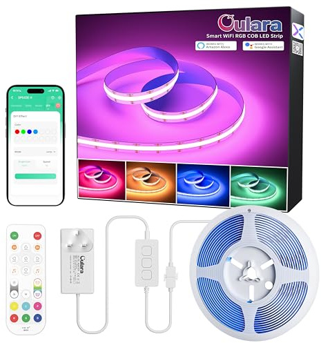 OULARA RGB COB LED Strip 6M,Colour Changing LED Strips,Flexible LED Strip Light Dimmable Multicolours RGB Lights with APP Control/Music Mode Work with Alexa/Google for Kitchen Party Cabinet Bedroom