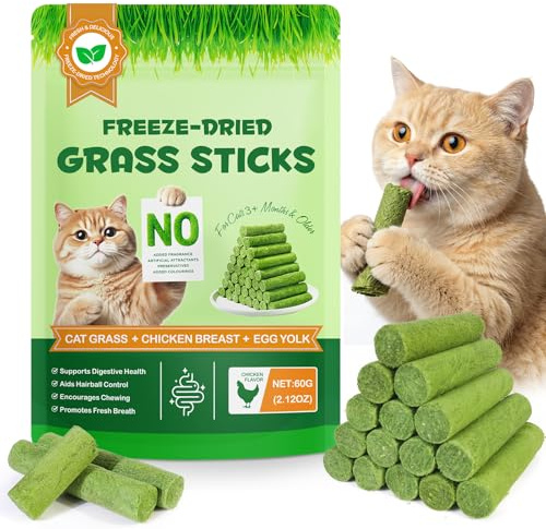 Snack per erba di gatto per interni – 80 g liofilizzati | pulizia dei denti, riduzione dei peli e cura del pelo | con pollo e olio di pesce, 100% naturale senza additivi