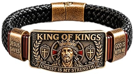 Pulsera de fe del rey de reyes – Pulsera cristiana ajustable para hombre, pulsera religiosa trenzada de cuero trenzado con Jesucristo grabado para bautizo, cumpleaños, día del padre, regalos
