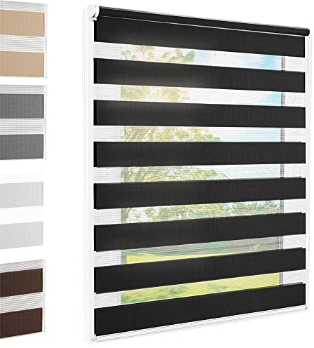 Doppelrollo Klemmfix ohne Bohren Schwarz 75x140 cm [Stoffbreite 71cm] Duo Rollo Fensterrollo für Fenster/Türen Gardine Klemmrollo Seitenzugrollo Sichtschutz Sonnenschutzrollo Zebrarollo