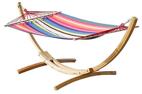 ALEOS. 320cm Hängemattengestell Blanca-Rojo Hängematte mit Gestell aus Holz Lärche Natur mit bunter Stabhängematte - mit roten Seilen