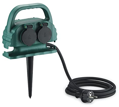 Presa da giardino a 4 scomparti, IP44, con maniglia e picchetto, presa esterna impermeabile con cavo in gomma H07RN-F, per esterni, 4 prese di corrente da giardino (1,5 m, verde)