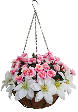 Haus und Außenhof Hübsche Seide Weiße Weihnachtsblume Künstliche Weihnachtsstern Und Rosa Künstliche Azaleen Blumenkette Hängekorb DIY Weihnachtsdekoration (Medium Basket)