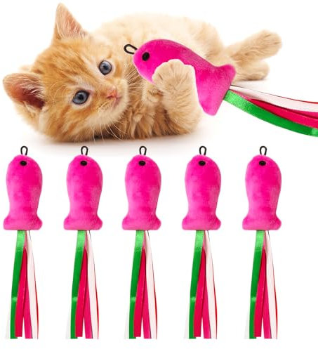 ZeyZoo Lot de 5 jouets interactifs à herbe à chat en forme de poisson rose - Jouets en peluche remplis d'herbe à chat - Accessoires de jouets à mâcher pour chat d'intérieur