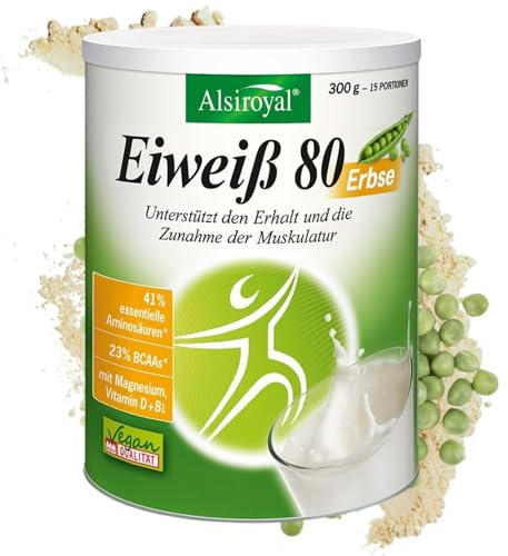 Alsiroyal Eiweiß 80 Erbse vegan – 32g Protein pro Portion – 41% EAAs, 23% BCAAs – Magnesium, Vit D3 & B1 – frei von Konservierungsstoffen, Lactose, Soja, Fruktose, Zucker